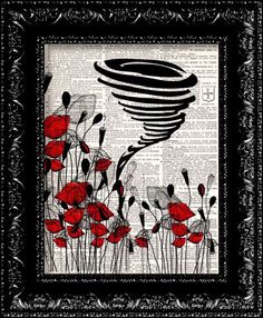 an old book page with red flowers on it and a black frame around the edges