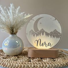 a glass vase with a plant in it next to a light up sign that says nora