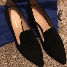 Black Suede Block Heel Shoes. Worn Once!!! Like Brand New. Comes With Original Shopping Bag And Shoe Bag. Elegant Suede Closed Toe Loafers, Elegant Closed Toe Loafers With Suede Lining, Designer Pointed Toe Loafers For Evening, Designer Evening Loafers With Closed Toe, Evening Loafers With Low Heel And Leather Sole, Elegant Suede Slip-on Heels, Elegant Suede Loafers For Party, Elegant Black Loafers With Low Heel, Elegant Black Low Heel Loafers