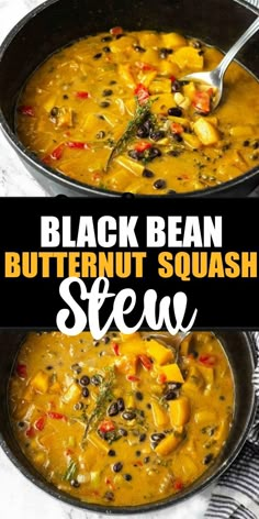 black bean butternut squash stew in a skillet