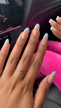 Nails, almond shape, dip powered, baby blue nails, french tip French Nails Design, Nails Light Blue, Nails Black Women, Nails Acrylic Almond, Acrylic Nails Almond Shape, Almond Nails French, Nails Short Acrylic, Nails Acrylic Square