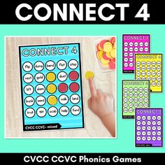 the connect 4 game is shown with four different pieces and one hand pointing at it