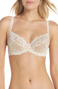 Sheer-topped cups are detailed with feminine lace in a beautiful underwire bra. Partially lined Polyester/nylon/spandex Hand wash, line dry Imported Lingerie Fitted Bra With Lace Trim And Sweetheart Neckline, Fitted Bra With Lace Closure And Sweetheart Neckline, Beige Lace Underwire Bra, Beige Lace Bra Comfortable, Fitted Lace Underwire Bra, Cream Lace Bra With Lace Trim, Wedding Lace Bra In Beige, Fitted Underwire Lace With Built-in Bra, Delicate Underwire Bra With Removable Pads