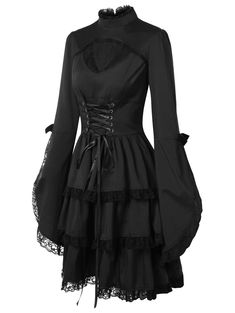 The Basic Witch Dress – Goth Mall Vampire Outfits, Gothic Corset Dresses, Black Dress Elegant, Witchy Dress, High Neck Collar, Steampunk Dress, Lace Edges, Witch Dress, Basic Witch