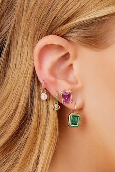 Stay timeless while making a statement with these everyday earrings. The Madison Rectangle Bezel Stud Earrings feature a stone of your choice with complimentary colored enamel. The ruby, emerald & sapphires are lab-created stones. Elegant Enamel Jewelry With Bezel Setting, Modern Emerald Cut Gemstone Earrings, Green Enamel Single Earring, Single Green Enamel Earring, Modern Enamel Jewelry With Gemstone, Elegant Rectangular Enamel Jewelry, Modern Emerald Jewelry With Gemstone Accents, Green Enamel Jewelry With Gemstones, Rectangular Gemstone Earrings For May Birthstone