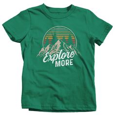 "Kids Hiking T Shirt Hiker Shirt Explore More Mountains Shirt Hiker Gift Camping Tee Mountains Shirt Boy's Girl's Youth Get there when you do! Hiking can be so freeing. This t shirt is perfect for any hiker or camper. It features vintage colors, a mountain range and distressed fonts. It simply reads 'Explore More'. Made of soft, ring spun cotton. Includes a drawstring cotton gift bag. Direct to garment printed using the latest technology. Soft, ring spun cotton. Please check out my other Etsy It Outdoor Green T-shirt With Graphic Print, Green Graphic Print Outdoor T-shirt, Green Graphic Print T-shirt For Camping, Green Graphic Print T-shirt For Outdoor, Green Graphic Tee For Outdoor, Green Cotton Top For Outdoor Activities, Green Cotton Tops For Outdoor Activities, Green T-shirt For Outdoor Activities, Green Crew Neck Top For Adventure