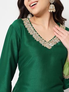 Dazzling Green Straight Kurti with Straight Palazzo Top Deatails Length of kurta :46 Shape :Straight Fabirc :Silk Colour :Green Work :Zari Neck Line :V Neck Bottom Details Length :40 Style :Palazzo Fabric :Silk Closure :Slip on Wash & Care :Dry clean only V Neck Salwar Suit, V Shape Kurti Neck, V Neck Straight Kurti, Neck Designs For Silk Suits, Silk Suit Neck Design, Straight Kurti Neck Designs, V Shape Kurti Designs, Silk Kurti Neck Designs, V Neck Churidar Design