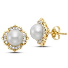 A freshwater pearl framed by diamond petals creates these stunning floral-inspired earrings. Founded in the mid-1920s by Frank Mastoloni, Sr., the family-owned business has grown to become one of the most trusted and respected brands in the cultured pearl industry. The label is renowned worldwide for its exquisite designs, superior craftsmanship and the breathtaking quality of their pearls. Freshwater cultured pearls, 7mm. Diamonds, 0.26ctw. 14-karat yellow gold. Pierced only. 1/2"L x 1/2"W. Classic Diamond Earrings With Flower Shape For Formal Occasions, Elegant Flower Shaped Diamond Earrings With Brilliant Cut, Elegant Flower-shaped Brilliant Cut Diamond Earrings, Elegant Diamond Earrings With Brilliant Cut In Flower Shape, Elegant Brilliant Cut Diamond Earrings In Flower Shape, Elegant Flower-shaped Diamond Earrings, Classic Diamond Earrings With Flower Shape, Classic Diamond Earrings With Flower Shape And Diamond Accents, Classic Formal Flower-shaped Earrings