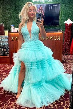 Red Tulle Appliques Halter Ruffle Tiered Ball Gown – Modsele Tiered Gown For Prom Season, Halter Top Prom Dress, Wedding Dress Petticoat, Prom Accessories, Evening Dresses Cocktail, Soft Tulle, Royal Blue Color, A Line Gown, Tulle Fabric