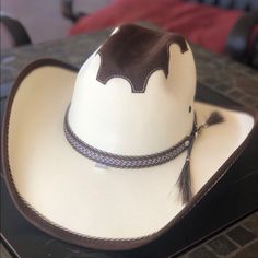 Has Adjustable Band Inside Have Medium And Small Available Message Me Before Purchase To Confirm Size Available Brown And White Cowboy Hat Unisex Casual White Hats For Rodeo, White Fitted Hat Bands For Country Events, Fitted White Hat Bands For Country Events, Fitted White Hat For Country Events, White Fitted Country Hat, Fitted White Country Style Hat Bands, Fitted White Country Hat, Casual Cream Hat Bands For Rodeo, White Fitted Casual Hat