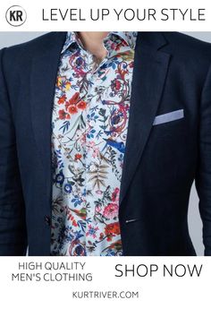 New York’s most creative shirt brand. Mens Floral Tie Outfit, Navy Blue Suit With Floral Shirt Men, Mens Floral Dress Shirt Wedding, Printed Cotton Shirt For Work, Pickle Wedding, Floral Suit Men, Mens Floral Dress Shirts, Floral Shirt Outfit, Moody Modern