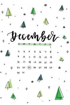 a december calendar with trees and stars on the cover, it is written in black ink