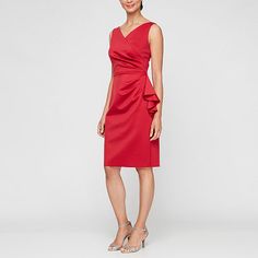 Design your evening look in the elegance and comfort of this sleeveless women's sheath dress from the Atelier Danielle Compression Collection. Cut to a knee-length, it's beautifully crafted from smoothing, bonded scuba fabric. It features a v-neckline and a wrap-style waist with a drape, gathered side detail that highlights your silhouette, and a concealed back zip closure. Pair with heels to showcase the sleek, sophisticated styling to the next special event.Strap Type: TankFeatures: Stretch Fa Elegant Evening Sheath Sleeveless Dress, Elegant Fitted Sleeveless Holiday Dress, Elegant Sleeveless Dress For Evening Holiday, Elegant Sleeveless Dress For Holiday Evening, Elegant Holiday Evening Sleeveless Dress, Fitted Sleeveless Dress For Cocktail Holiday, Fitted Sleeveless Dress For Holiday Cocktails, Elegant Red V-neck Sleeveless Dress, Elegant Ruched Sleeveless Dress