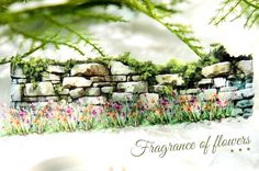 a watercolor painting of flowers and rocks in front of a stone wall with the words, elegance of flowers