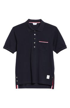 A tipped chest pocket and button-down side vents add sporty sophistication to a pique polo in soft mercerized cotton. 26" front length (size 2) Five-button placket Short sleeves Chest pocket Step hem with button side vents 100% cotton Dry clean or hand wash, dry flat Made in Japan Men's Designer Navy Polo Shirt With Button Closure For Work, Classic Polo Shirt With Striped Collar For Golf, Workwear Polo Shirt With Collar And Button Closure, Classic Cotton Polo Shirt With Pockets, Classic Polo Collar Tops With Pockets, Classic Polo Shirt With Buttons For Work, Collared Polo Shirt With Buttons For Workwear, Classic Tops With Polo Collar And Pockets, Classic Tops With Pockets And Polo Collar