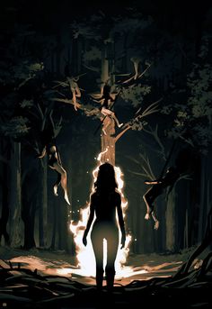 a woman standing in the middle of a forest with fire coming out of her body