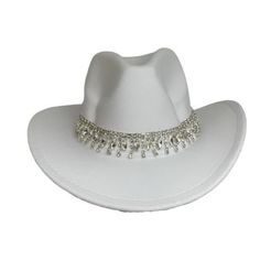 Rhinestone Bling Cowgirl Hat Style: P148 Color shown: White Crown Circumference: 23" Crown Height: 4.5" Brim Height: 3.75" Rhinestone Party Hat For Kentucky Derby, White Fedora Costume Hat For Party, Western Style Party Top Hat With Short Brim, Western Adjustable Costume Hats For Parties, Elegant Adjustable Top Hat For Festivals, Party Hats With Rhinestones And Curved Brim, White Rhinestone Hat With Curved Brim, White Hats With Rhinestones And Curved Brim, Beaded Party Costume Hats And Headpieces