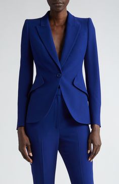 A signature McQueen style, this crepe blazer is tailored with strong, padded shoulders and angled flap pockets that create the appearance of a smaller waist. 27" length (size 44 IT) One-button closure Peaked lapels Four-button cuffs Chest welt pocket; front flap pockets Lined 52% viscose, 48% acetate Dry clean Made in Italy Collectors Blanknyc Suede Moto Jacket, Resort 2017 Fashion, Smaller Waist, Crepe Blazer, Suede Moto Jacket, Blank Nyc, Blazer Fashion, Suede Jacket, Wool Blazer