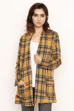 Mustard Plaid Elbow Patch Cardigan With Pockets_M Patch Cardigan, Blouses Vintage, Plaid Shirts, Elbow Patch, Elbow Patches, Teenage Fashion Outfits, Lounge Pants, Made In The Usa, Women's Plaid Shirt