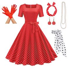 Season:Spring  Summer; Look After Me:Washable; Gender:Women's; What's in the box:Dress,Gloves,Headwear,Necklace,Earrings; Types:Petticoat Hoop Skirt,A-Line Dress,Tutu,Flare Dress,Christmas Party Dress; Style:Retro Vintage,Rockabilly,1950s; Elasticity:Micro-elastic; Occasion:Masquerade,Party / Evening; Material:Polyester; Age Group:Adults'; Pattern:Polka Dot; Listing Date:05/26/2023; Clothing Waist:; Clothing Length:; Bust: Retro Fitted Halloween Dress, Retro Halloween Fitted Dress, Retro Halloween Costume Dress, Retro Summer Costume Dress, Retro Fitted Christmas Dress, Fitted Vintage Dress For Retro-themed Events, Pinup Polka Dot Dress For Party, Retro Fitted Petticoat For Costume Party, Pinup Polka Dot Party Dress