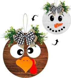 an ornament shaped like a turkey and a snowman