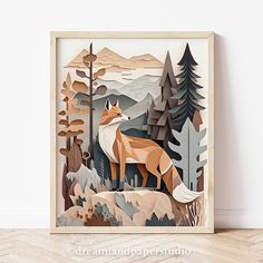 a wooden cutout of a fox standing in the middle of a forest with mountains and trees