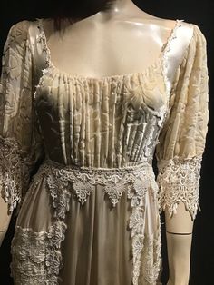 "Beautiful Edwardian Replica, Only one made, brand new from a posh local boutique in the 90's made by \"Belinda\" which later carved her name in bridal alternative gowns. (No tag, but guaranteed) Made with Pure Charmeuse silk which feels like butter. Cut Velvet is also silk. Expensive Battenburg lace. Elastic waist. Tie back belt. No size tag. Boutique tag still attached. Needs steaming. Please follow measurements. Bust 38\". Waist stretches to 40\". Hips about 52\". Length from shoulder to hem Edwardian Tea Party, Fancy Clothing, Cream Wedding Dresses, Romantic Cottagecore, Victorian Wedding Dress, Battenburg Lace, Party Garden, Waist Stretches, Ceremony Dresses