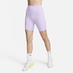 Up for a workout or down to chill, these biker shorts are the Ones that are ready for whatever you are. Their midweight, peachy-soft fabric stretches with your every move and dries quickly. Plus, a high waist is designed to meet your favorite cropped tops for a head-to-toe look that you can feel confident and comfortable in all day long. Purple Sportswear Shorts With Built-in Liner, Spring Athletic Shorts With Moisture-wicking Mid-thigh Length, Spring Athletic Shorts With Moisture-wicking, Mid-thigh Length, Moisture-wicking Athletic Shorts For Spring, Compression Moisture-wicking Shorts For Spring, Spring Moisture-wicking Mid-thigh Athletic Shorts, Moisture-wicking Compression Shorts For Spring, Sporty Fitted Lavender Activewear, Spring Compression Moisture-wicking Shorts