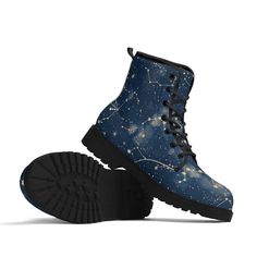 We love all things celestial!  These celestial galaxy boots will be a new favorite for your star-gazing wardrobe.  Made for men and women. While technically it isn't correct to illustrate the constellations backward, I did it anyway to mirror the image and make the boots match with opposite designs. ☺ ---------------- Women's and Men's Vegan Leather Boots  When did you last feel that your shoes help express your individuality?  Or when is the last time you received comments on your shoes? If thi Space Shoes Aesthetic, Galaxy Boots, Space Shoes, Ren Faire Costume, Boots Combat, Vegan Leather Boots, Star Boots, Star Gazing, Boots Mens