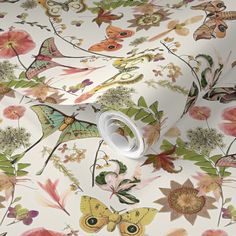 a floral wallpaper with butterflies and flowers on it