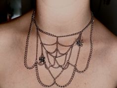 spiderweb necklace formed with chain and jumprings in cool spidery pattern. Two spider besties (lovers???) hanging in the web Spiderweb Necklace, Spider Dress, Web Necklace, Spider Jewelry, Spooky Fall, Chain Mail, Wardrobe Ideas, Spider Web, Fall Wardrobe