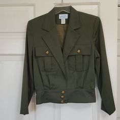 Olive Colored Lined Short Blazer Size 6, Fully Lined By Allison Blair, Snap And 3 Button Closure In Front, 2 Pockets In Front With Button Closure. Never Worn, Tag Fell Off. Khaki Collared Blazer With Button Closure, Khaki Button-up Blazer With Buttons, Khaki Button-up Blazer With Button Cuffs, Khaki Office Blazer With Button Closure, Spring Military Blazer With Buttons, Khaki Workwear Blazer With Button Closure, Khaki Blazer With Button Closure For Work, Fitted Khaki Button-up Blazer, Fitted Khaki Blazer With Buttons