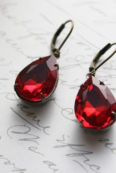 Ruby Red Earrings Christmas Earrings Gift for Women Deep - Etsy Vintage Red Teardrop Jewelry, Teardrop Jeweled Earrings Gift, Formal Red Brass Earrings, Red Jeweled Earrings For Wedding, Red Brass Jewelry For Anniversary, Red Ruby Pear-shaped Earrings, Red Brass Earrings For Wedding, Vintage Teardrop Earrings As A Gift, Vintage Pear-shaped Earrings For Gifts