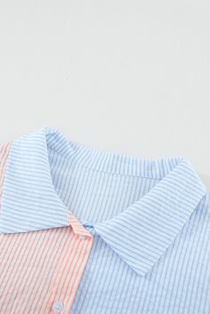 Pink Colorblock Ruffled Trim Pocket Striped Shirt Puff Sleeves Blouse, Striped Shirt Women, Summer Tunics, Striped Short Sleeve Shirt, Wholesale Shirts, Casual Summer Tops, Roll Up Sleeves, Tunic Shirt, Sheer Sleeves