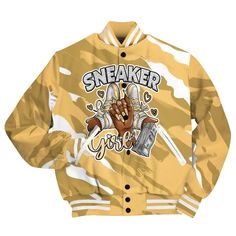 Brand Dunkare Craft Paris 6s Shirt - Sneakerz Girlz Colored All Over Print Baseball Varsity Jacket Yellow Graphic Print Outerwear For Streetwear, Casual Yellow Varsity Jacket, Gold Long Sleeve Outerwear For Streetwear, Varsity Jacket Men, Baseball Varsity Jacket, Varsity Jacket, Mens Jackets, Coats Jackets, Baseball