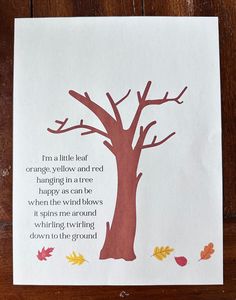 a card with an image of a tree and the words, i'm a little leaf orange - yellow and red hangin