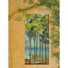 a painting on a wall with trees and water