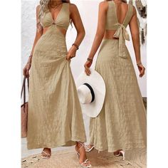 -Item Id 37787242 -Details: Backless, Cut Out, Ring -Neckline: Deep V Neck -Style: Boho -Type: A Line -Waist Line: High Waist -Hem Shaped: Flared -Color: Khaki -Pattern Type: Plain -Sleeve Length: Sleeveless -Fit Type: Regular Fit -Length: Long -Material: Woven Fabric -Composition: 100% Polyester -Care Instructions: Machine Wash Or Professional Dry Clean -Sheer: No -Fabric: Non-Stretch -Body: No -Pockets: No **Open To Offers!!!** **Bundle To Save More** **30% Off Bundles Of 2 Or More Items!!** * Textured Bodycon Dress, Dresses Backless, Colour List, Boutique Dresses, Deep V Neck, Go Out, Deep V, Woven Fabric, Dresser