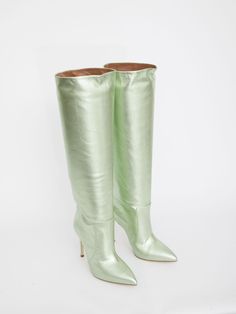 Knee-high boots in green metallic leather. Pointed toe and stiletto heel. Suede sole. Heel height: 10,5cm ITA size.  Size nationality: ITA  Product number: 33546838  Product code: PX501XLTM3SPRING GREEN  Composition: 100% leather Green Knee-high Party Boots, Metallic High Heel Boots For Evening, Fitted Green Knee-high Boots For Parties, Chic Green Pointed Toe Heeled Boots, Green Fitted High Heel Knee-high Boots, Green High Heel Knee-high Boots For Party, Green High Heel Knee-high Party Boots, Green Knee-high Heeled Boots For Party, Green High Ankle Party Boots