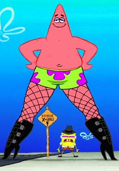 a cartoon character is standing in front of a street sign and wearing fishnet stockings