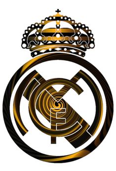 the real madrid crest is shown in gold and black, with a crown on top