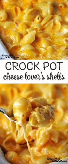 two pictures of crock pot cheese lover's shells in a casserole dish