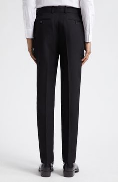 Tailored elegance pervades Italian-crafted pants fashioned from smooth wool with a mid rise and cleanly pressed creases. 34" inseam; 14 1/2" leg opening; 11 1/2" front rise; 14 1/2" back rise (size 48 EU) Zip fly with hook-and-bar closure Side-seam pockets; back button-welt pockets 100% wool Dry clean Made in Italy Designer Clothing Luxury Straight Leg Dress Pants For Semi-formal Occasions, Tailored Straight Leg Timeless Pantsuit, Tailored Timeless Straight Leg Pantsuit, Tailored Straight Leg Pantsuit In Timeless Style, Formal Tuxedo Pantsuit With Straight Pants, Formal Pantsuit With Pressed Crease Trousers, Formal Pantsuit With Pressed Crease, Sleek Formal Pantsuit With Pressed Crease, Luxury Tapered Leg Dress Pants For Semi-formal Occasions