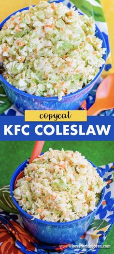 two blue bowls filled with coleslaw salad on top of a colorful table cloth