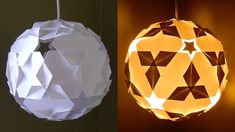 two different types of paper lights hanging from the ceiling and one is made out of white paper