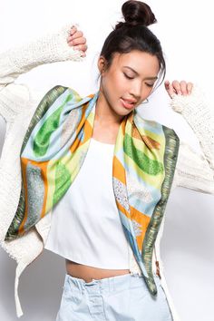 Square Silk Scarf For Spring, Spring Square Silk Scarf, Multicolor Silk Scarf With Abstract Print For Spring, Multicolor Rectangular Silk Scarf For Spring, Multicolor Printed Silk Scarf, Green Square Scarf For Spring, Bohemian Silk Square Scarf, Green Rectangular Silk Scarf, Rectangular Green Silk Scarf