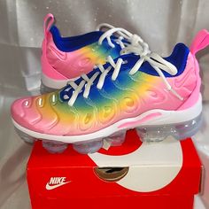 Womans Nike Air Vapormax Plus Rainbow Coordinate Nwt Size6. Cm Is 23 For Size In Womans. These Are Brand New Never Worn. Message Me For Questions Rainbow Color Sporty Sneakers, Pink Air-cushioned Sneakers For Spring, Pink Air Cushioned Sneakers For Spring, Spring Pink Sneakers With Air Cushioning, Pink Air Max Sneakers, Pink Nike Running Shoes With Translucent Outsole, Nike Pink Running Shoes With Translucent Outsole, Pink Air Max Cushioned Sneakers For Spring, Pink Air Max Cushioned Lace-up Running Shoes