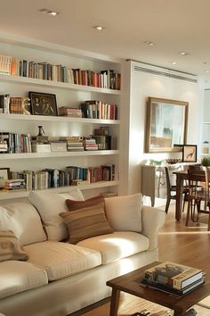 a living room filled with lots of furniture and bookshelves full of books on top of them