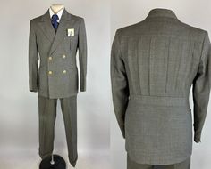 Dress to impress in your level-best in this amazing three-piece 1930s belted-back suit! All three pieces made of steel grey wool and buttoning with matching sage green marbled buttons. Incredible statement piece jacket features a 2x4 double-breasted button stance with trios of matching cuff buttons, sharp peak lapels, three patch pockets all with pairs of vertical knife-pleats. Unvented back with six shark-gill pleats from the yoke to the belt, showing off the unmatched 1930s tailoring. Interior Fitted Vintage Suits For Workwear, Vintage Single Breasted Fitted Suit, Vintage Fitted Single Breasted Suit, Fitted Vintage Single Breasted Suit, Vintage Double-breasted Suits For Workwear, Vintage Fitted Suits For Office, Vintage Fitted Office Suit, Vintage Double-breasted Suits For Tailoring, Vintage Double-breasted Fitted Suits