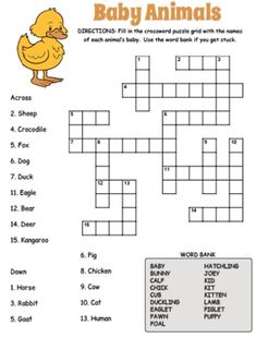 the baby animals crossword puzzle is shown in this printable worksheet for children